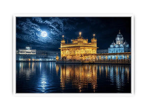 Moonlit Golden Temple wall art with glowing Harmandir Sahib reflections under full moon luxury canvas print