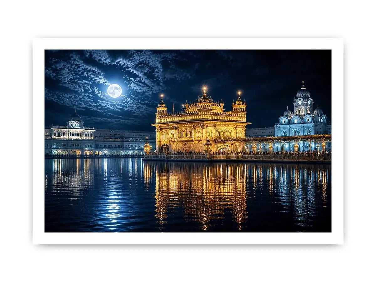 Moonlit Golden Temple wall art with glowing Harmandir Sahib reflections under full moon luxury canvas print