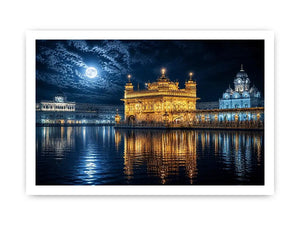 Moonlit Golden Temple wall art with glowing Harmandir Sahib reflections under full moon luxury canvas print