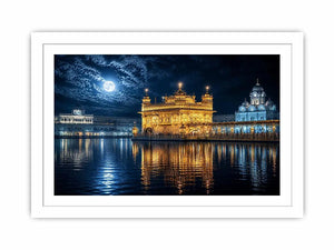 Moonlit Golden Temple wall art with glowing Harmandir Sahib reflections under full moon luxury canvas print