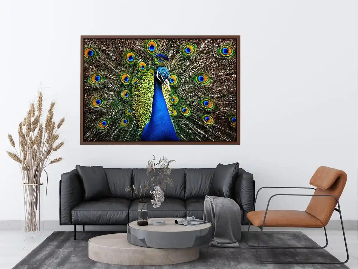 Royal peacock wall art with vibrant blue and green feathers luxury wildlife canvas print