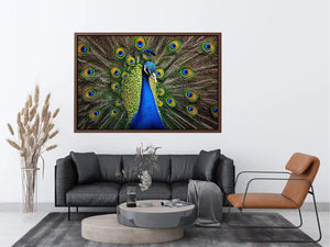 Royal peacock wall art with vibrant blue and green feathers luxury wildlife canvas print