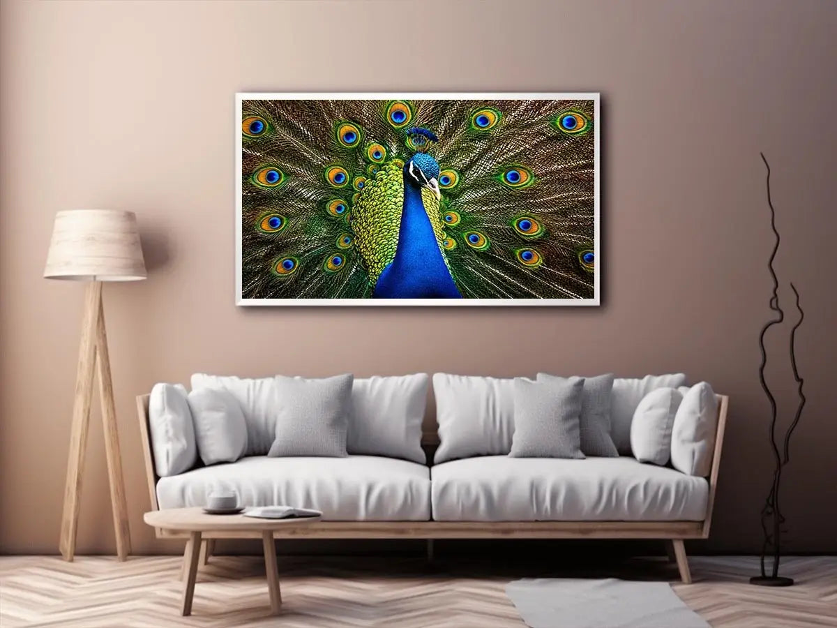 Royal peacock wall art with vibrant blue and green feathers luxury wildlife canvas print