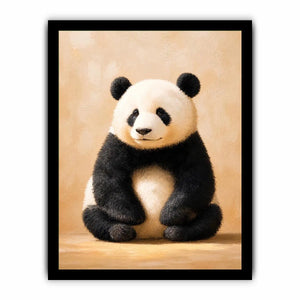 Cute panda wall art canvas print with neutral beige tones and minimalist wildlife painting for cozy modern home decor