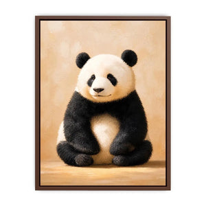 Cute panda wall art canvas print with neutral beige tones and minimalist wildlife painting for cozy modern home decor