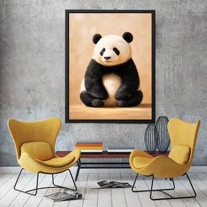 Cute panda wall art canvas print with neutral beige tones and minimalist wildlife painting for cozy modern home decor