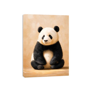 Cute panda wall art canvas print with neutral beige tones and minimalist wildlife painting for cozy modern home decor