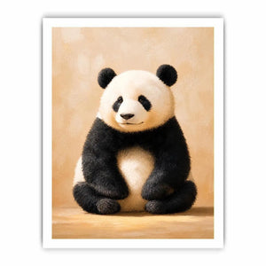 Cute panda wall art canvas print with neutral beige tones and minimalist wildlife painting for cozy modern home decor