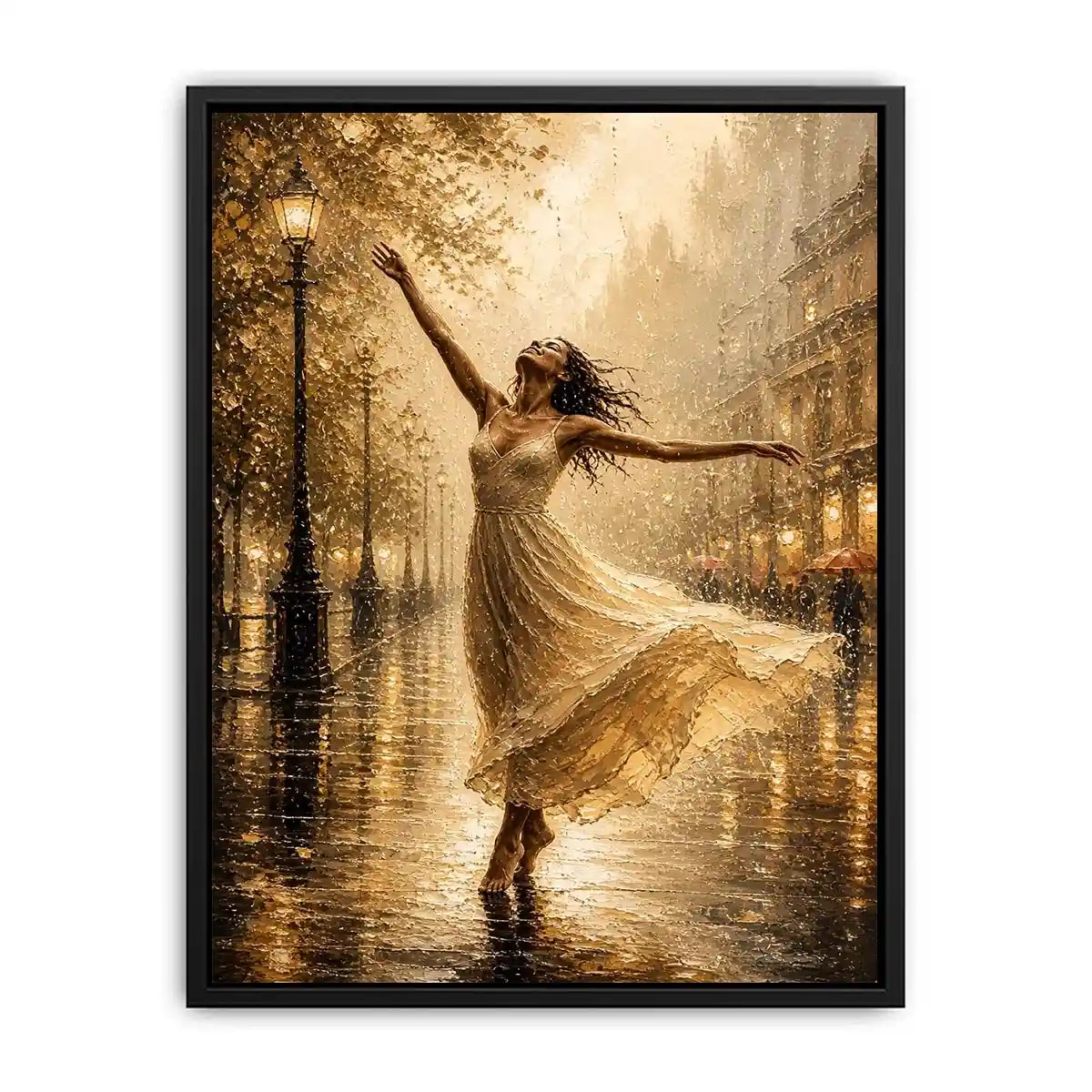 Elegant dancing woman wall art canvas print with golden rain city scene and romantic impressionist decor