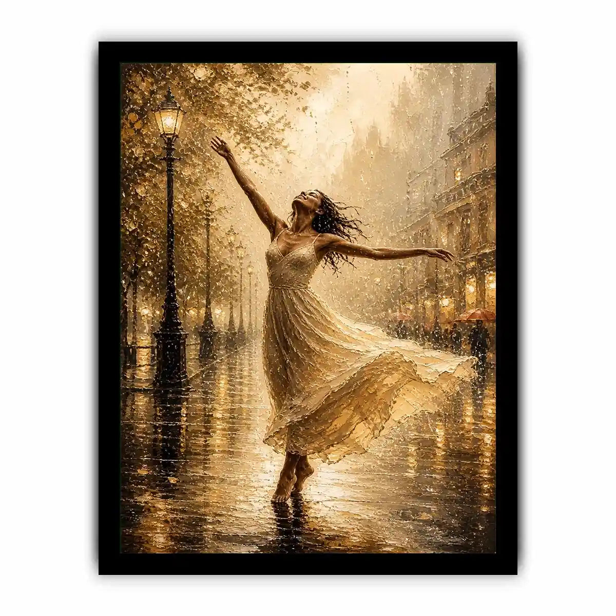 Elegant dancing woman wall art canvas print with golden rain city scene and romantic impressionist decor
