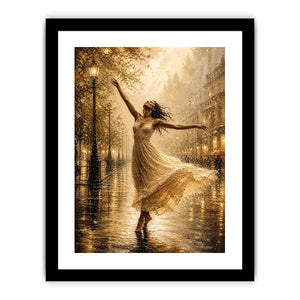 Elegant dancing woman wall art canvas print with golden rain city scene and romantic impressionist decor
