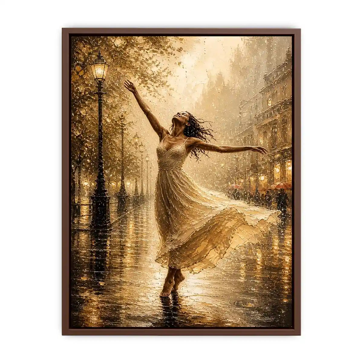 Elegant dancing woman wall art canvas print with golden rain city scene and romantic impressionist decor