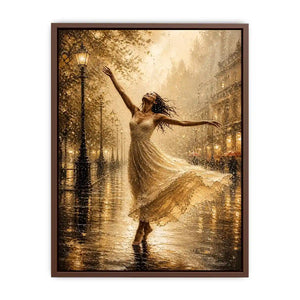 Elegant dancing woman wall art canvas print with golden rain city scene and romantic impressionist decor