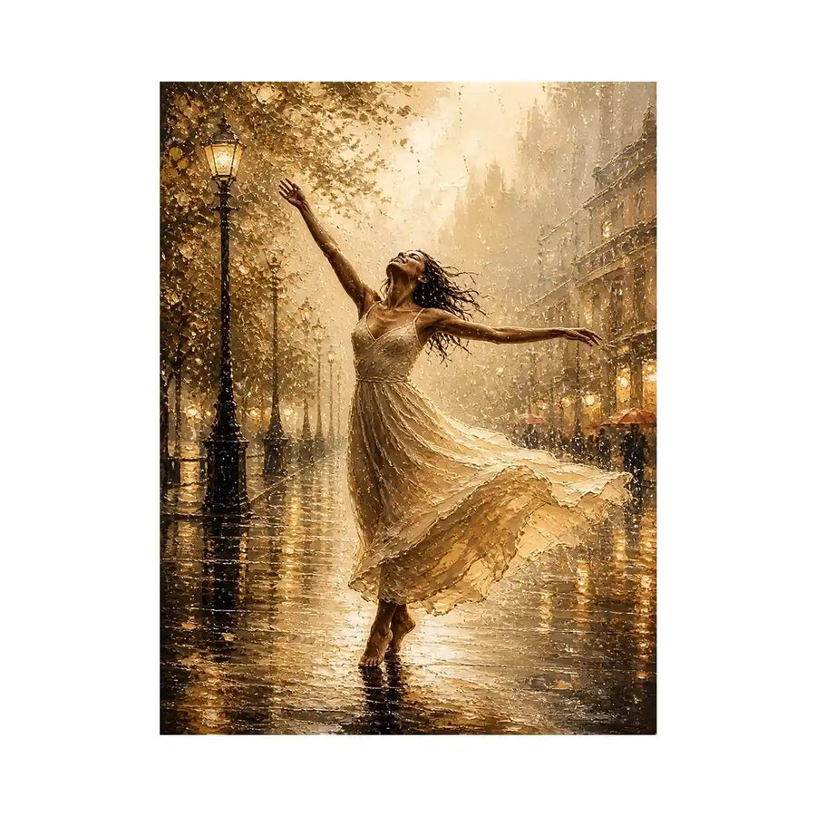 Elegant dancing woman wall art canvas print with golden rain city scene and romantic impressionist decor