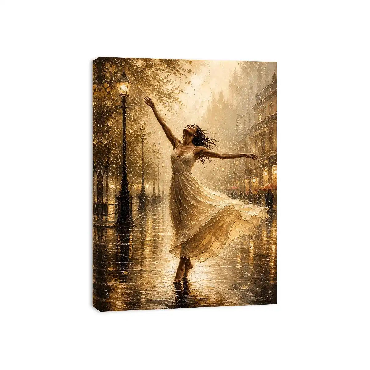 Elegant dancing woman wall art canvas print with golden rain city scene and romantic impressionist decor