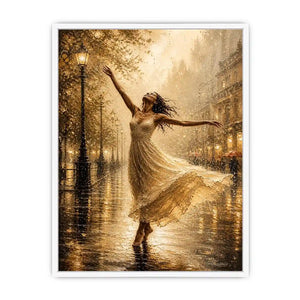 Elegant dancing woman wall art canvas print with golden rain city scene and romantic impressionist decor