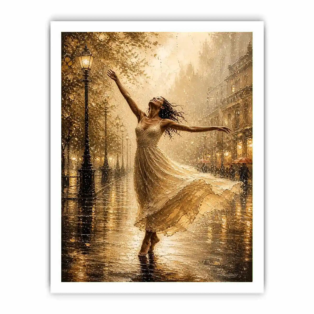 Elegant dancing woman wall art canvas print with golden rain city scene and romantic impressionist decor