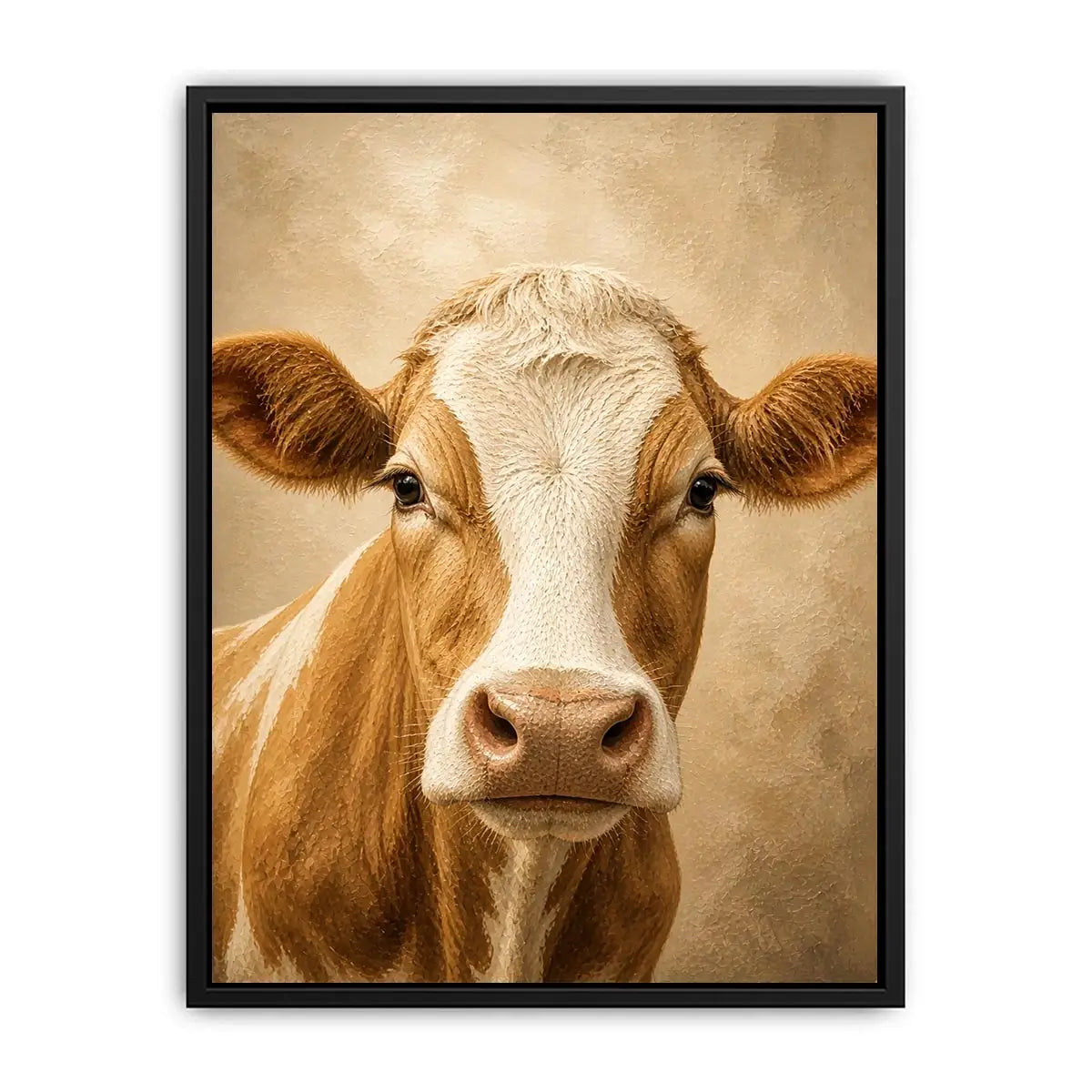 Rustic cow wall art canvas print with neutral farmhouse animal painting for cozy country home decor