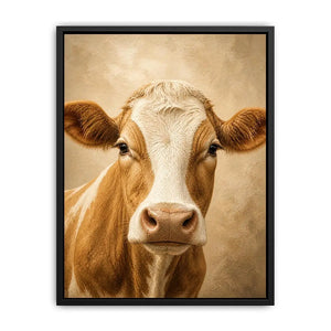 Rustic cow wall art canvas print with neutral farmhouse animal painting for cozy country home decor