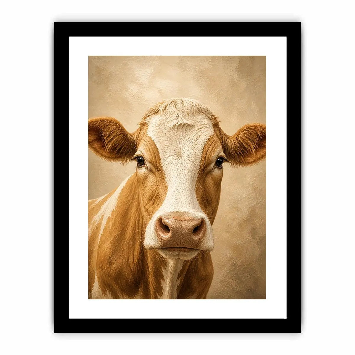 Rustic cow wall art canvas print with neutral farmhouse animal painting for cozy country home decor