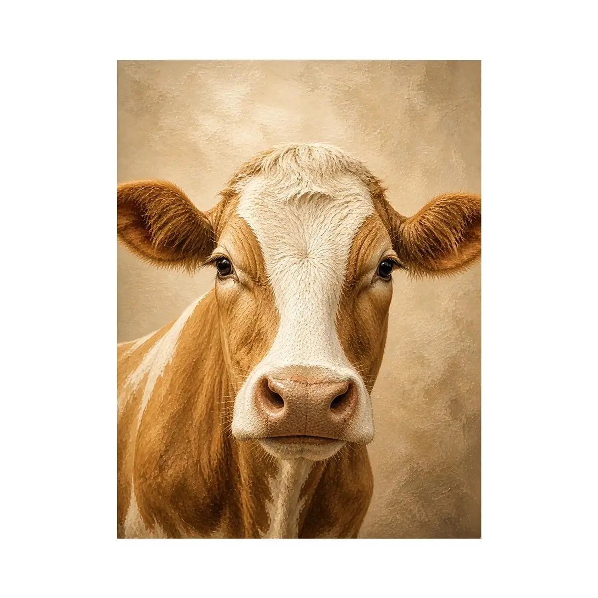 Rustic cow wall art canvas print with neutral farmhouse animal painting for cozy country home decor