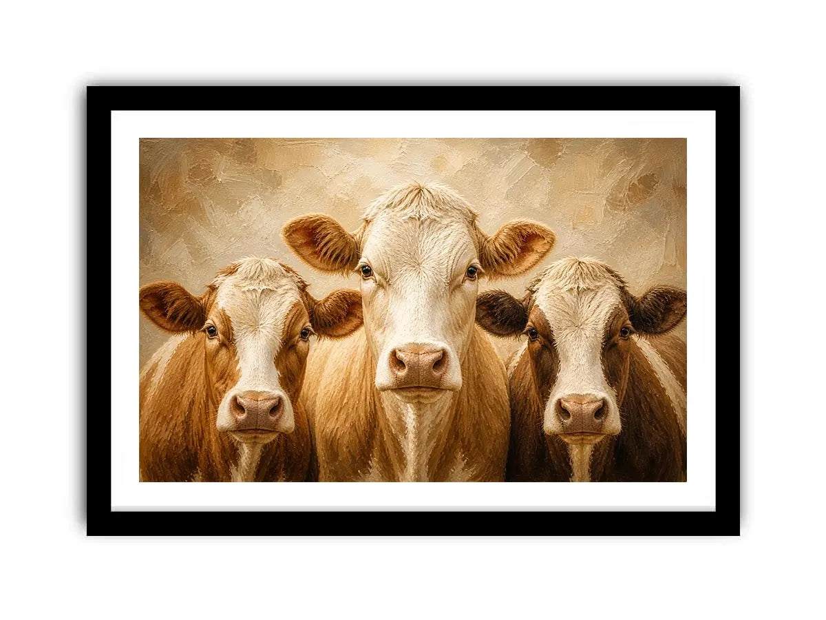 Three cow portrait wall art in warm neutral farmhouse style with textured oil painting effect and rustic contemporary canvas decor