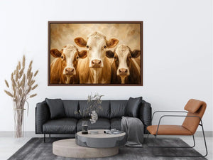 Three cow portrait wall art in warm neutral farmhouse style with textured oil painting effect and rustic contemporary canvas decor