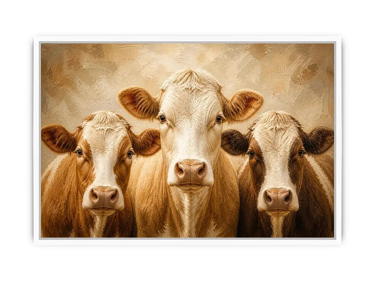 Three cow portrait wall art in warm neutral farmhouse style with textured oil painting effect and rustic contemporary canvas decor