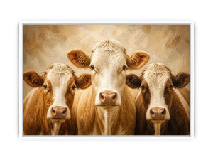 Three cow portrait wall art in warm neutral farmhouse style with textured oil painting effect and rustic contemporary canvas decor