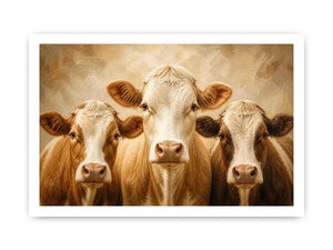 Three cow portrait wall art in warm neutral farmhouse style with textured oil painting effect and rustic contemporary canvas decor
