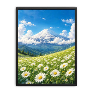 Mount Fuji landscape wall art with blooming daisy meadow blue sky and snow mountain in serene Japandi painting style