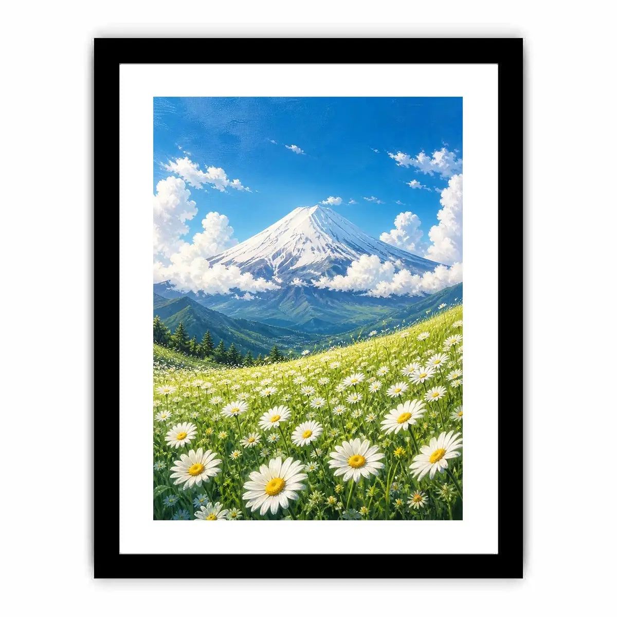 Mount Fuji landscape wall art with blooming daisy meadow blue sky and snow mountain in serene Japandi painting style
