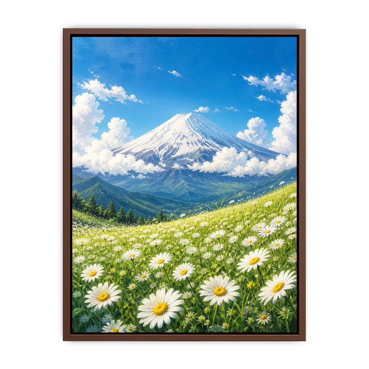 Mount Fuji landscape wall art with blooming daisy meadow blue sky and snow mountain in serene Japandi painting style