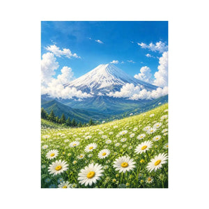 Mount Fuji landscape wall art with blooming daisy meadow blue sky and snow mountain in serene Japandi painting style