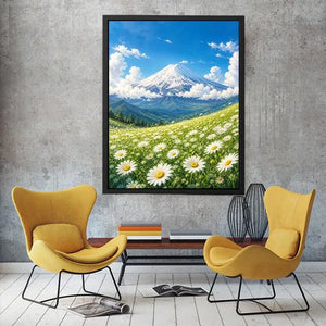 Mount Fuji landscape wall art with blooming daisy meadow blue sky and snow mountain in serene Japandi painting style