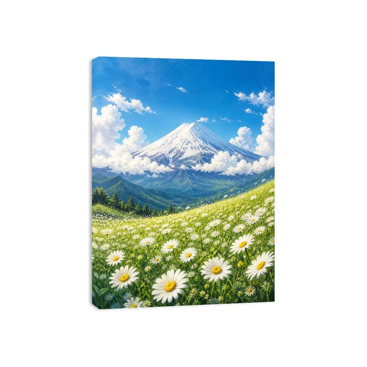 Mount Fuji landscape wall art with blooming daisy meadow blue sky and snow mountain in serene Japandi painting style