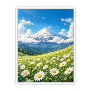 Mount Fuji landscape wall art with blooming daisy meadow blue sky and snow mountain in serene Japandi painting style