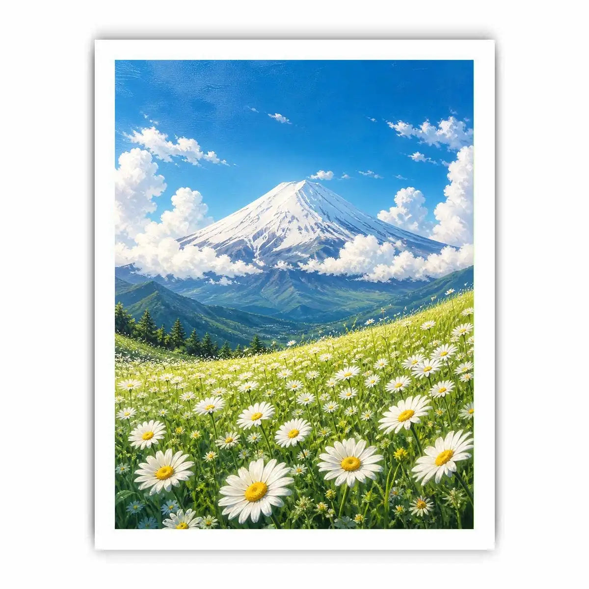 Mount Fuji landscape wall art with blooming daisy meadow blue sky and snow mountain in serene Japandi painting style