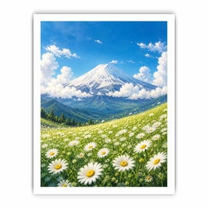 Mount Fuji landscape wall art with blooming daisy meadow blue sky and snow mountain in serene Japandi painting style