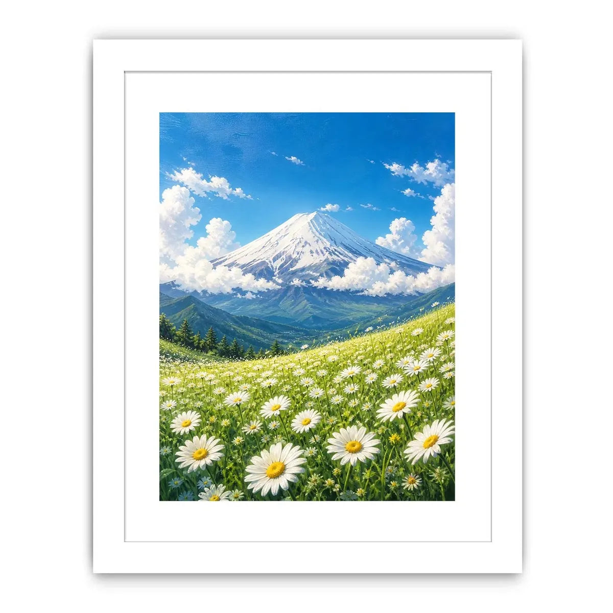 Mount Fuji landscape wall art with blooming daisy meadow blue sky and snow mountain in serene Japandi painting style