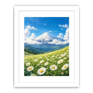 Mount Fuji landscape wall art with blooming daisy meadow blue sky and snow mountain in serene Japandi painting style