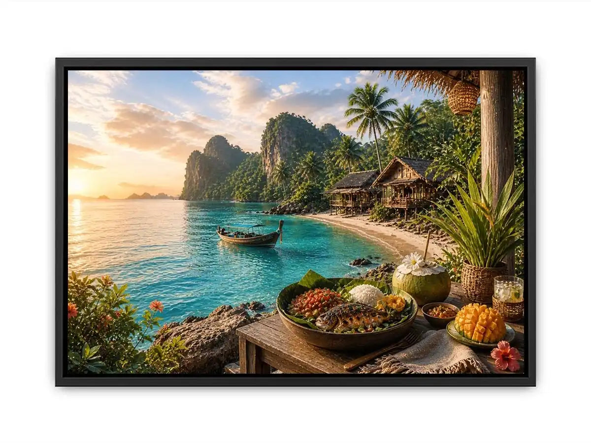 Tropical beach paradise wall art with turquoise ocean, island huts, palm trees, boat and sunset coastal dining canvas print