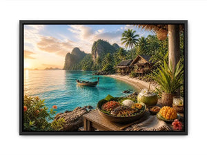 Tropical beach paradise wall art with turquoise ocean, island huts, palm trees, boat and sunset coastal dining canvas print