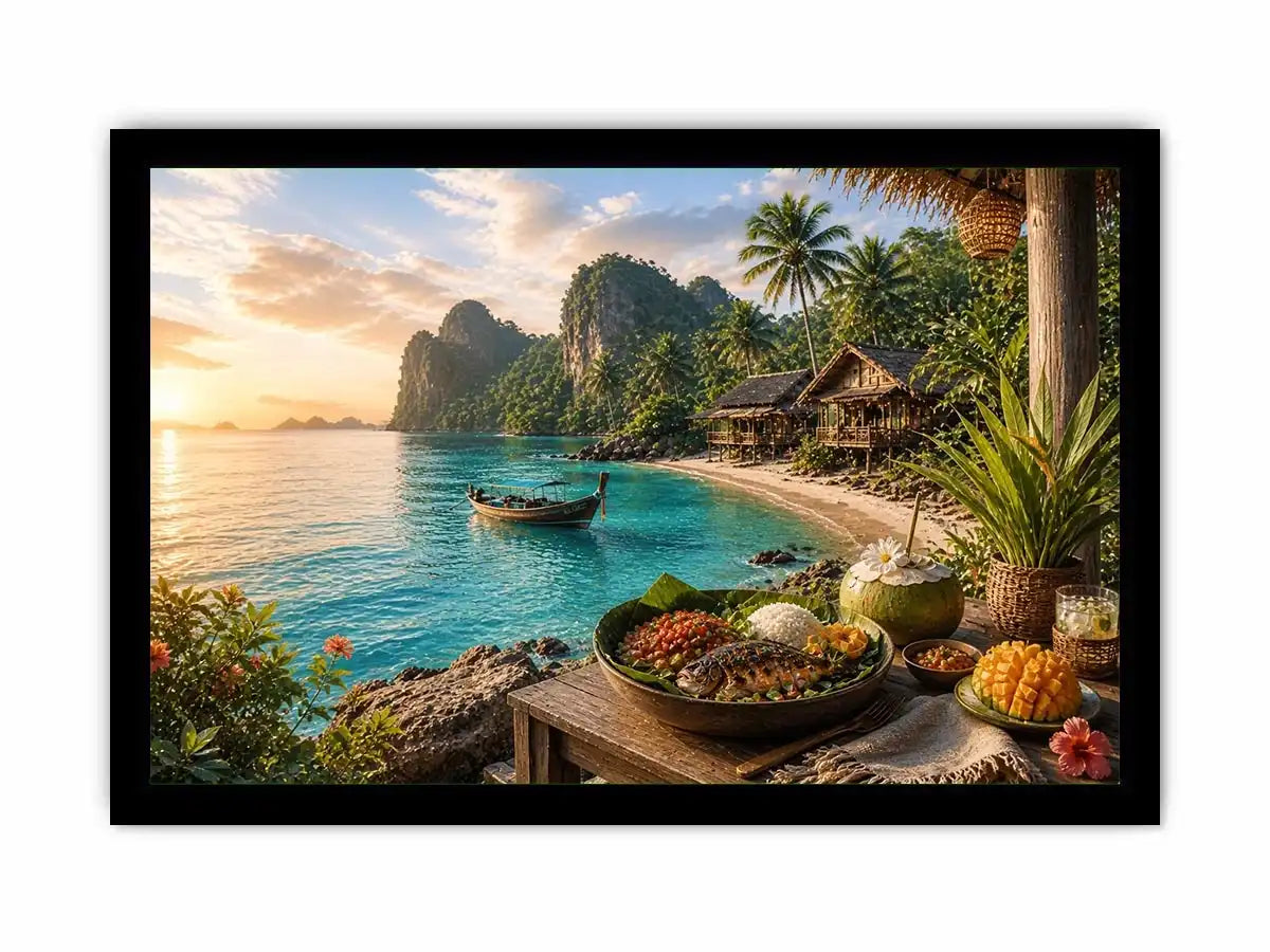 Tropical beach paradise wall art with turquoise ocean, island huts, palm trees, boat and sunset coastal dining canvas print