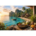 Tropical beach paradise wall art with turquoise ocean, island huts, palm trees, boat and sunset coastal dining canvas print