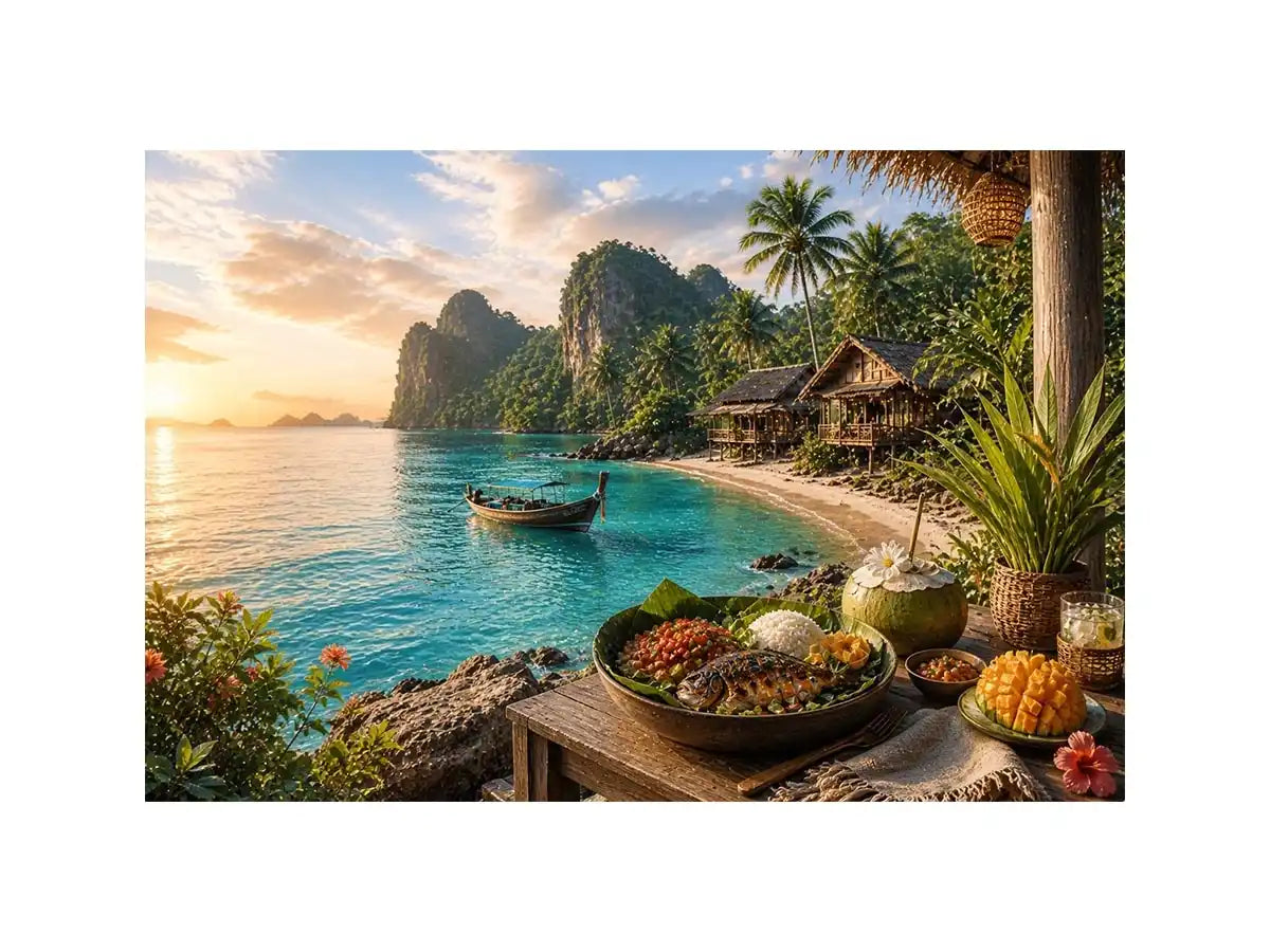 Tropical beach paradise wall art with turquoise ocean, island huts, palm trees, boat and sunset coastal dining canvas print