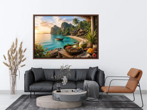 Tropical beach paradise wall art with turquoise ocean, island huts, palm trees, boat and sunset coastal dining canvas print