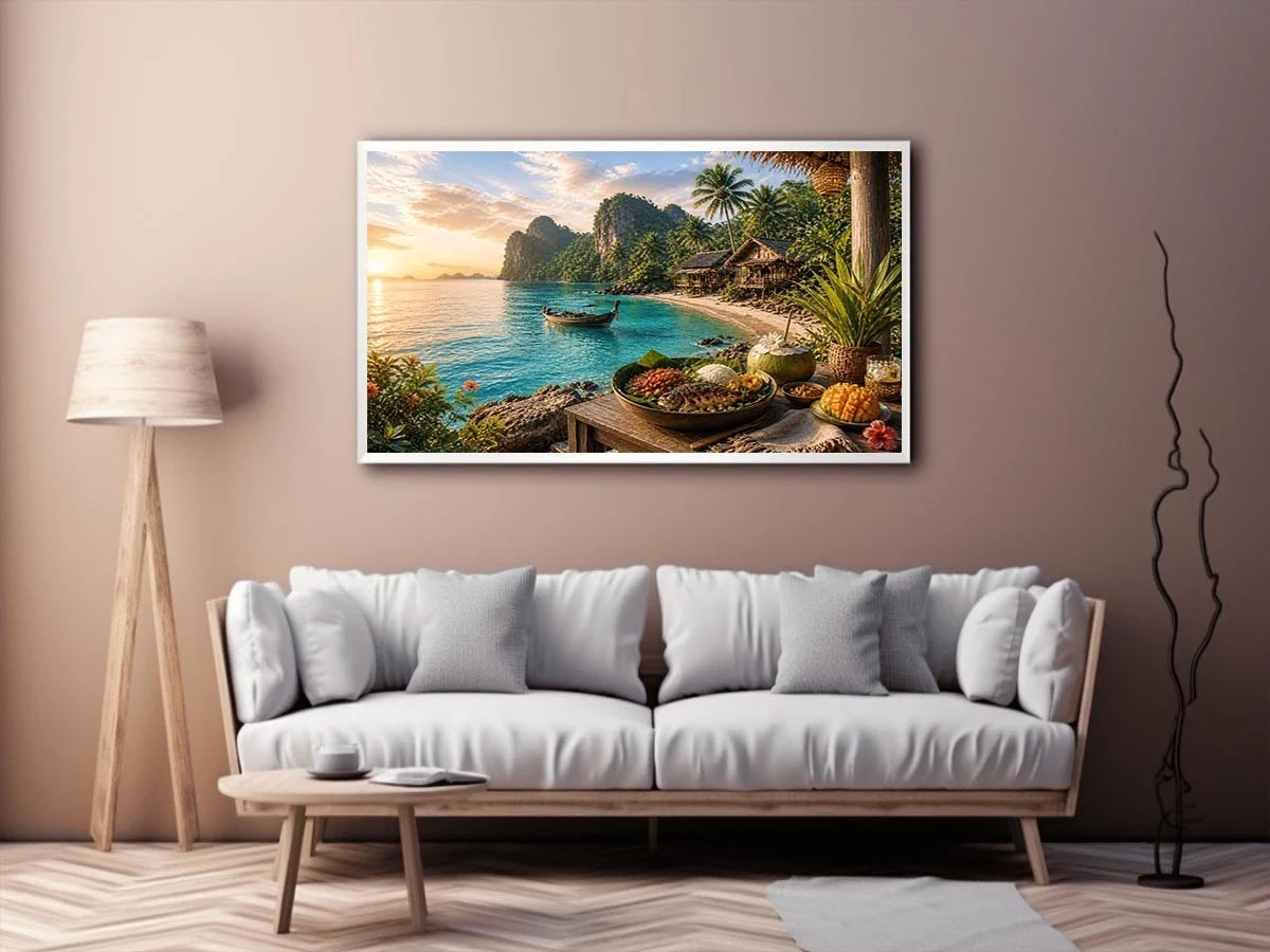 Tropical beach paradise wall art with turquoise ocean, island huts, palm trees, boat and sunset coastal dining canvas print