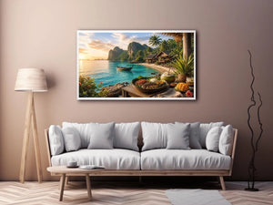 Tropical beach paradise wall art with turquoise ocean, island huts, palm trees, boat and sunset coastal dining canvas print