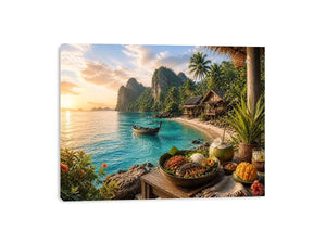 Tropical beach paradise wall art with turquoise ocean, island huts, palm trees, boat and sunset coastal dining canvas print